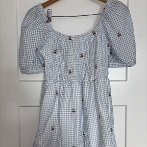 Blue Gingham Romper with Cherry Embroidery